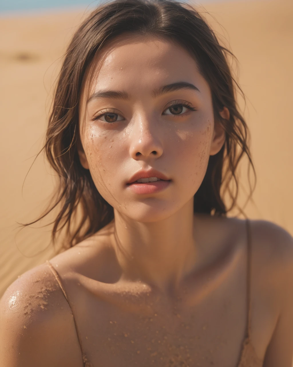 8k, masterpiece, best quality, chinese, surreal dramatic lighting shadow, (lofi, analog), kodak film by Brandon Woelfel Ryan McGinley,
background is sand, dust, (many sand is splashing detailed:1.3),
1girl, (nice face:1.2), perfect eye, looking at viewer, (Authentic skin texture:1.3)