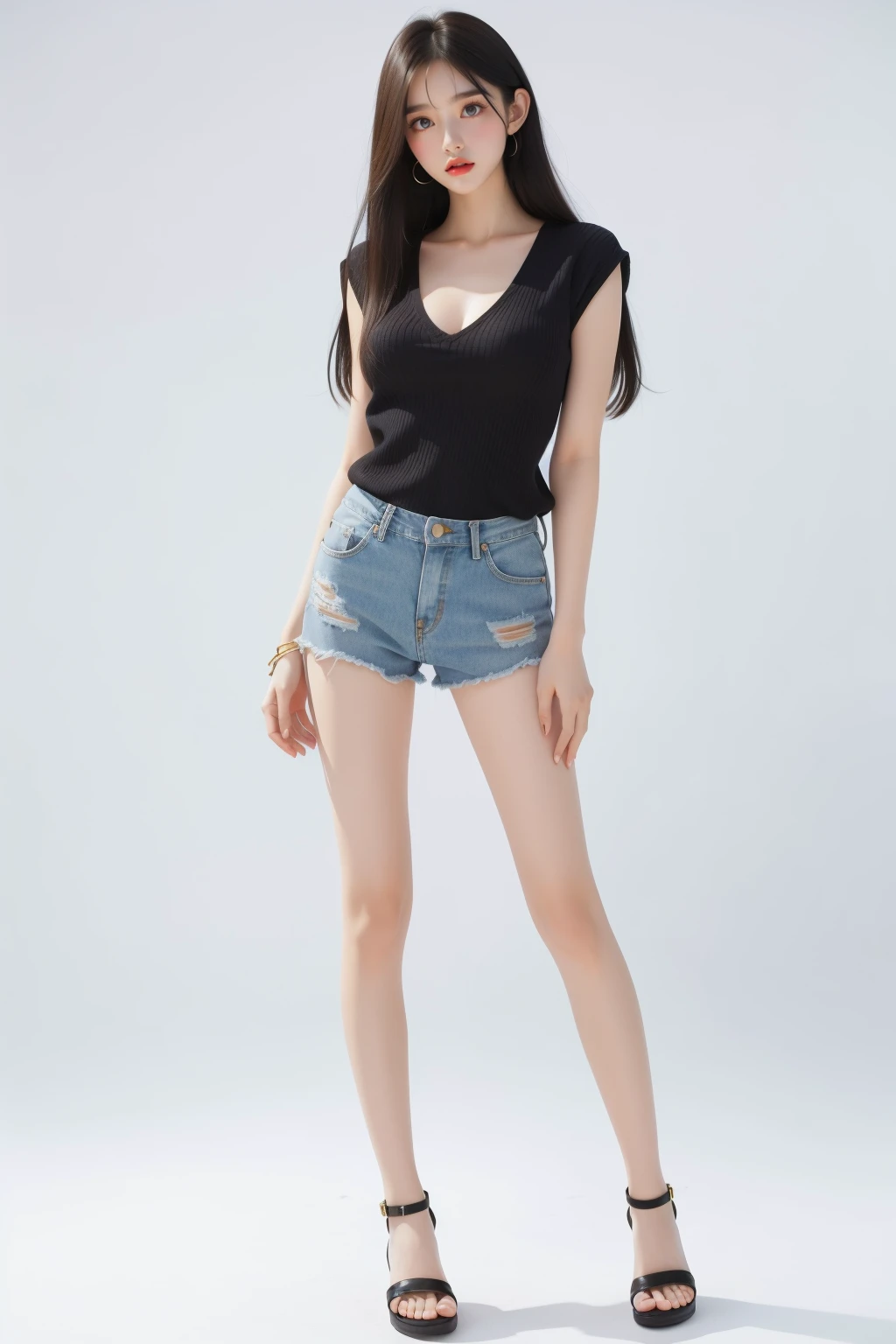 1girl,white background,(big chest:1.3),(standing:1.3),(denim_shorts:1.2),(big long legs:1.2),light leg,black sweater,