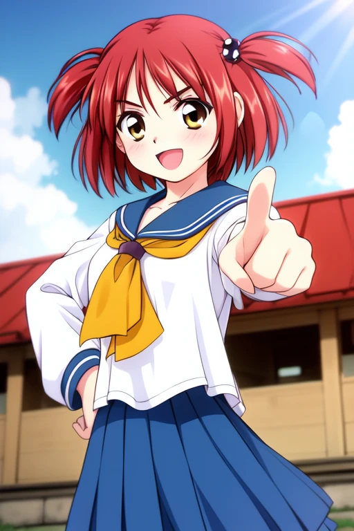 <lora:Megumi:0.8>Megumi, 1girl, solo, school uniform, skirt, red hair, serafuku, pointing, blue skirt, open mouth, long sleeves, hand on hip, pleated skirt, two side up, smile, cowboy shot, pointing at viewer, looking at viewer, :d, short hair, sailor collar, white shirt, shirt, hair ornament, yellow neckerchief, neckerchief, hair bobbles, blue sailor collar, standing, ascot, brown eyes, collarbone,
town,