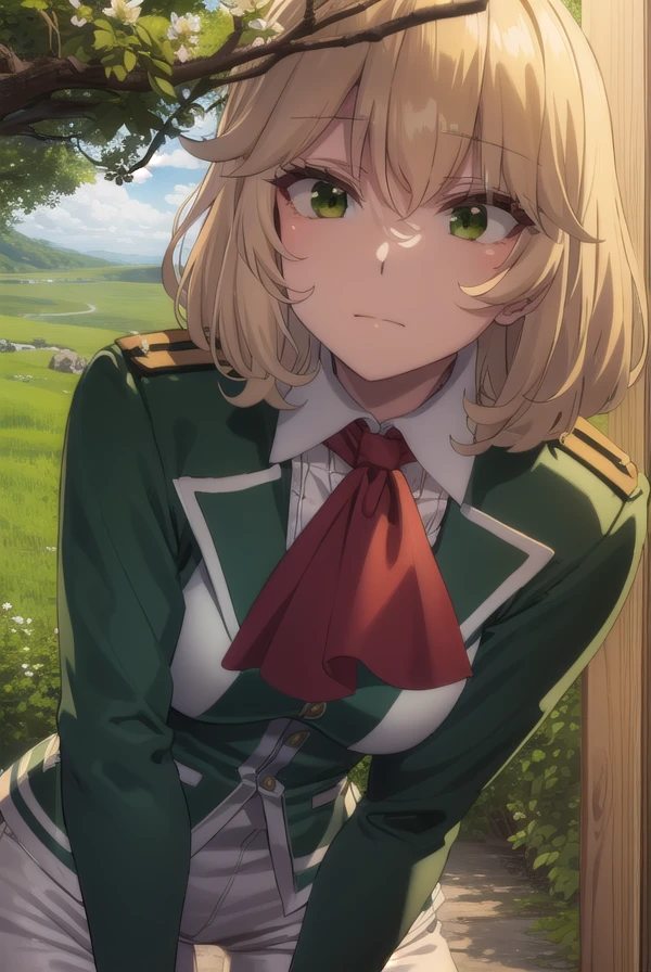 healerblade, <lora:healer blade s1-lora-nochekaiser:1>,
blade, blonde hair, (green eyes:1.5), short hair, hair between eyes,
BREAK long sleeves, pants, cape, uniform, military, ascot, white pants,
BREAK outdoors, forest, nature, trees, grass, sun, sky, clouds,
BREAK looking at viewer, (cowboy shot:1.5),
BREAK <lyco:GoodHands-beta2:1>, (masterpiece:1.2), best quality, high resolution, unity 8k wallpaper, (illustration:0.8), (beautiful detailed eyes:1.6), extremely detailed face, perfect lighting, extremely detailed CG, (perfect hands, perfect anatomy),
