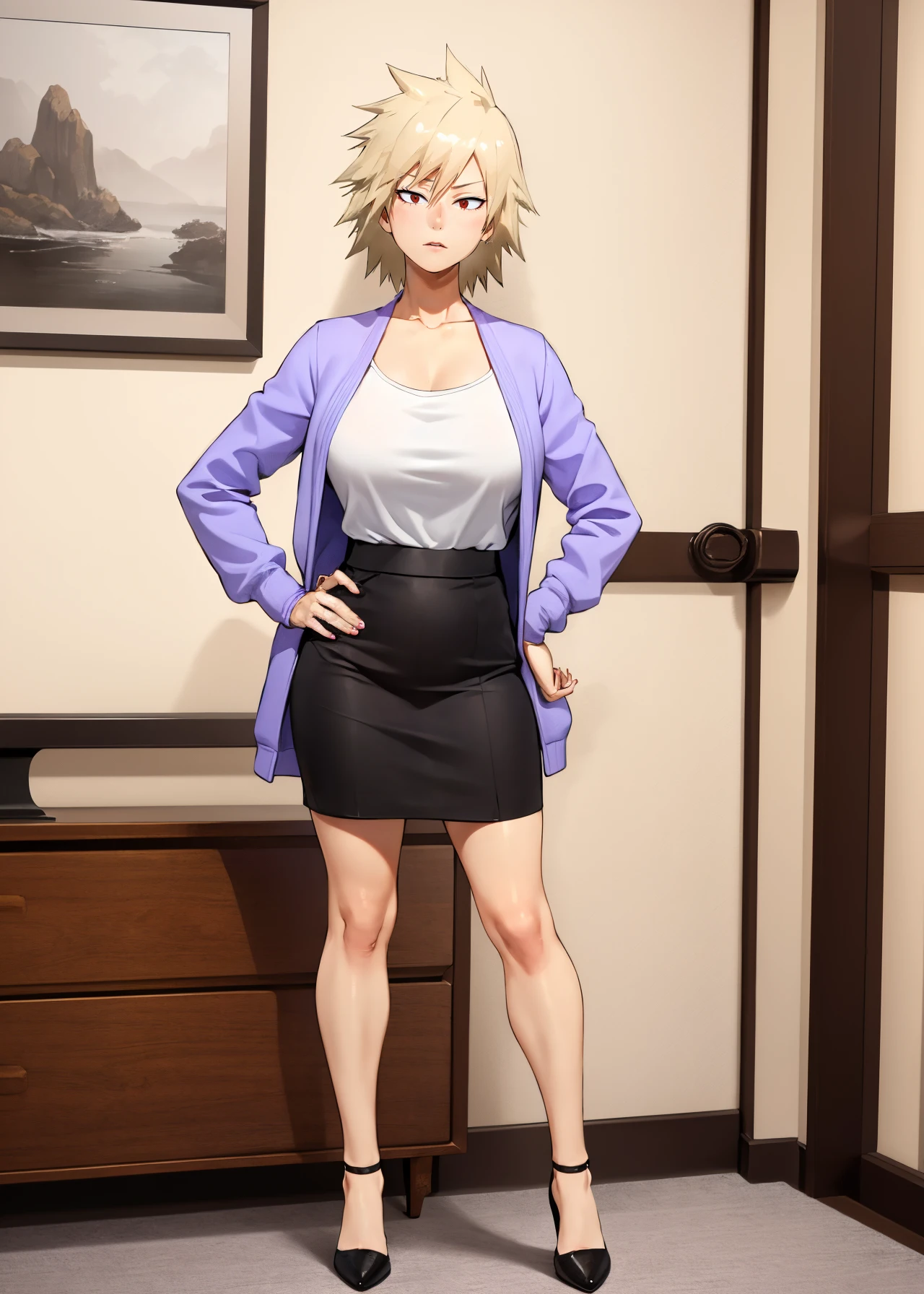 (full body shot, masterpiece, best_quality, ultra-detailed, immaculate:1.3), 
BREAK
<lora:m1tsuk1_ada:0.6> m1tsuk1, solo, red eyes, short hair, blonde hair, female focus, serious, looking at viewer, purple cardigan, white shirt, black skirt, heels, standing, hand on hip,
<lora:detail_slider_v4:0.5>
BREAK
living room