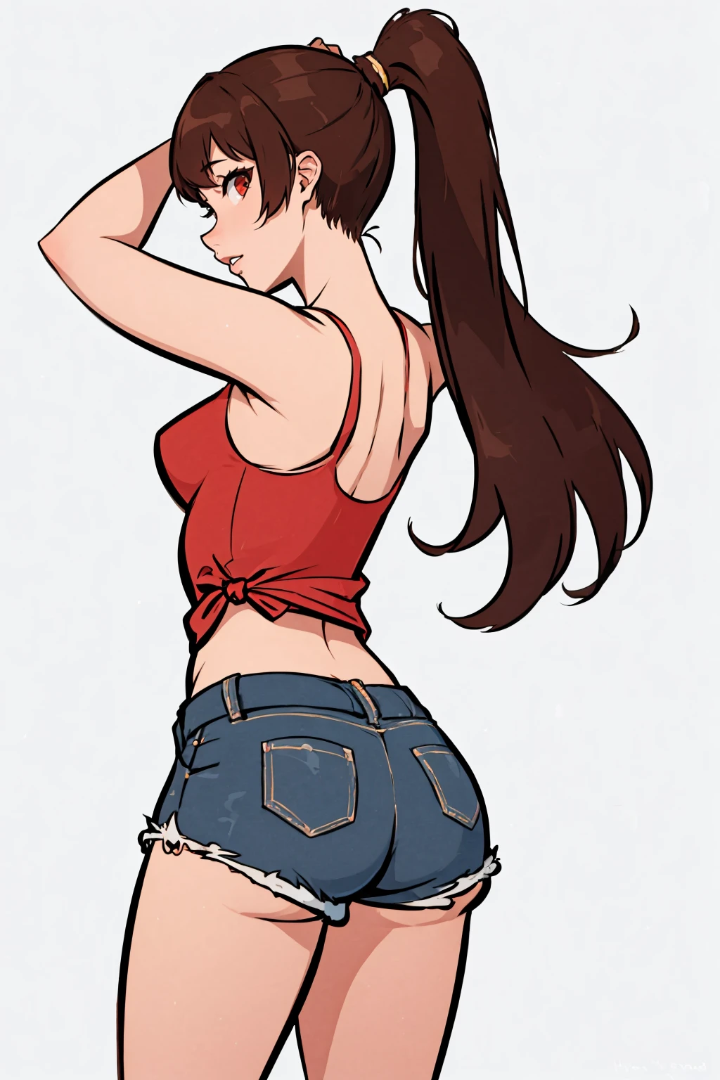 (masterpiece, best quality:1.2),  <lora:hugotendaz:1>, hugotendaz, solo, ass, shorts, from behind, brown hair, long hair, ponytail, red eyes, short shorts, 1girl, arms up, tying hair, tank top, looking back, simple background, denim shorts, white background, looking at viewer