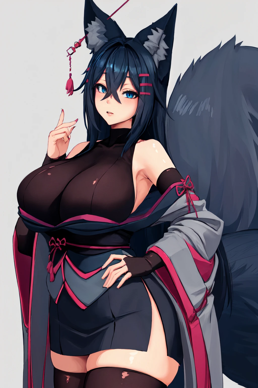 masterpiece, (detailed, highres, best quality), 1girl, gigantic breasts, <lora:spsubresKiri:1> hair between eyes, ear piercing, fox tail, large tail, hairclip, japanese clothes, wide sleeves, elbow gloves, black thighhighs, hand on hips