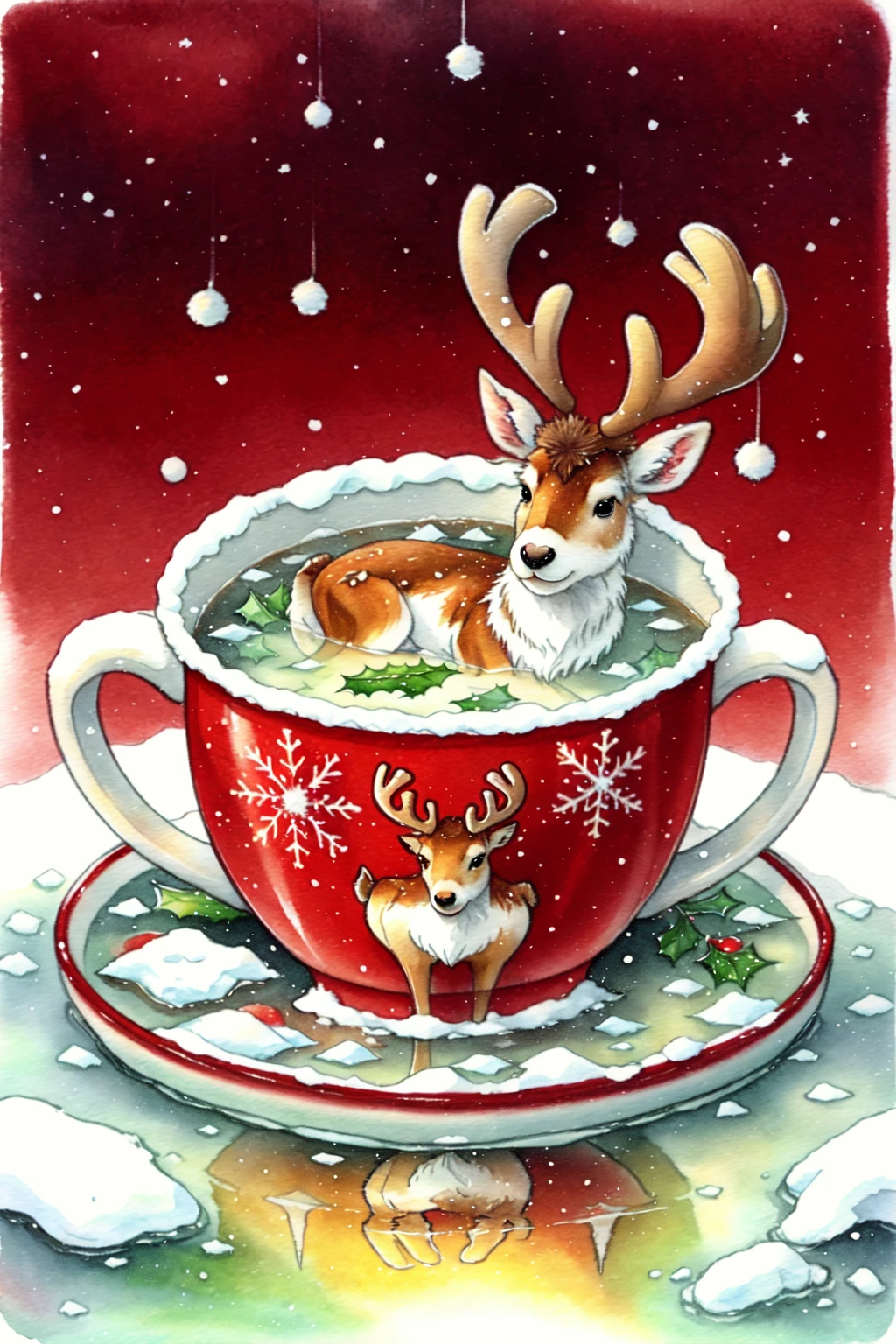 <lora:ChristmasFood:0.8> ChristmasFood, Reindeer in a soup mug, partially submerged, ice, frost, reflection, snow, traditional media, red theme