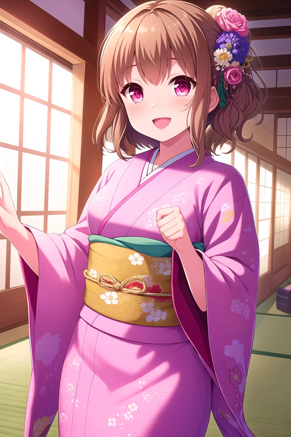 (masterpiece, best quality), highly detailed background, perfect lightingbest quality, asahinamomoko, solo, indoors, brown hair, wavy hair, ponytail, short hair, pink eyes, pink kimono, floral print <lora:GoodHands-vanilla:1>, japanese clothes, smile, open mouth, :d, pink lips, <lora:Asahina-Momoko:0.7>