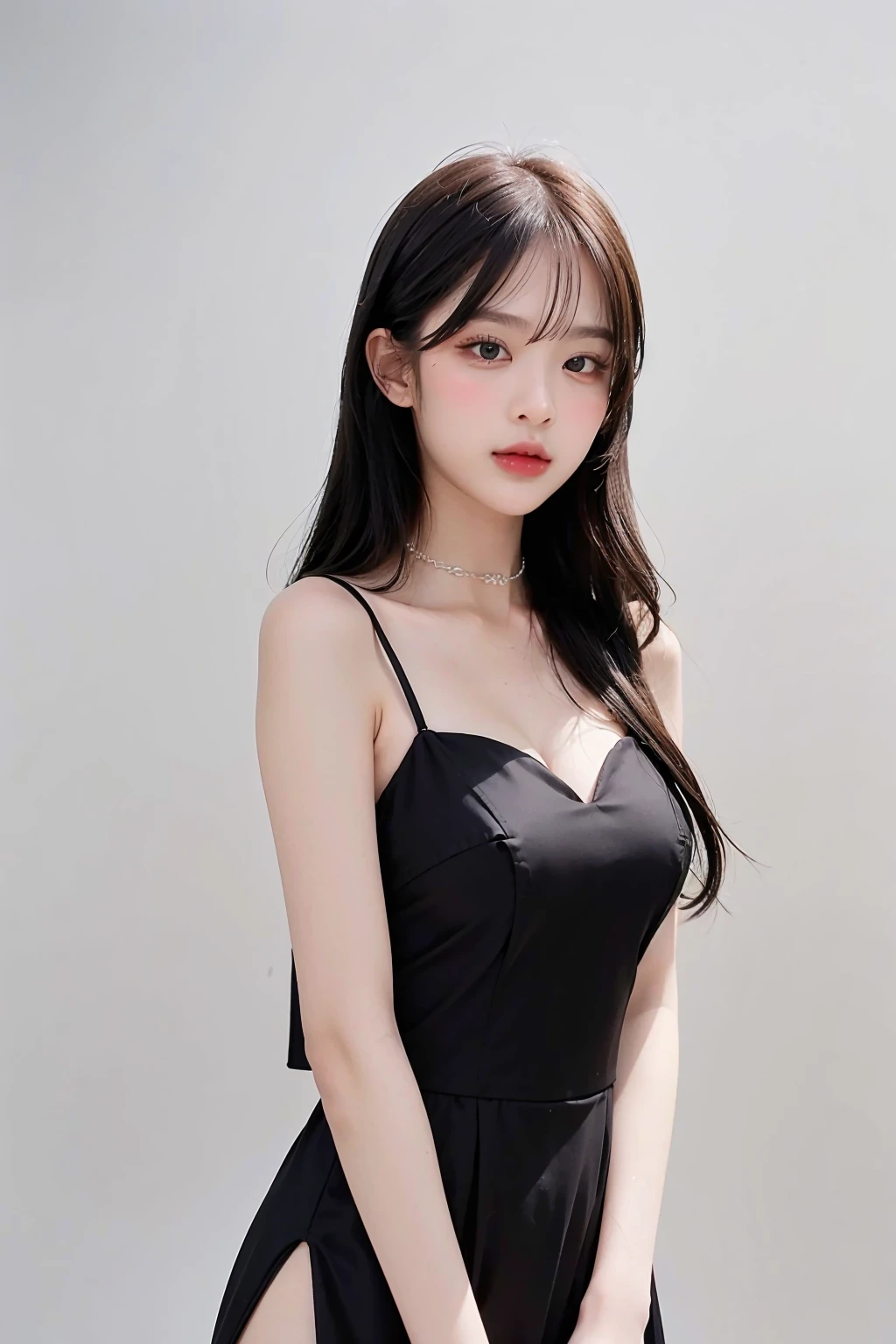 1girl, black  formal long dress,white background,   <lora:mobye_exBNK48-04:1>
