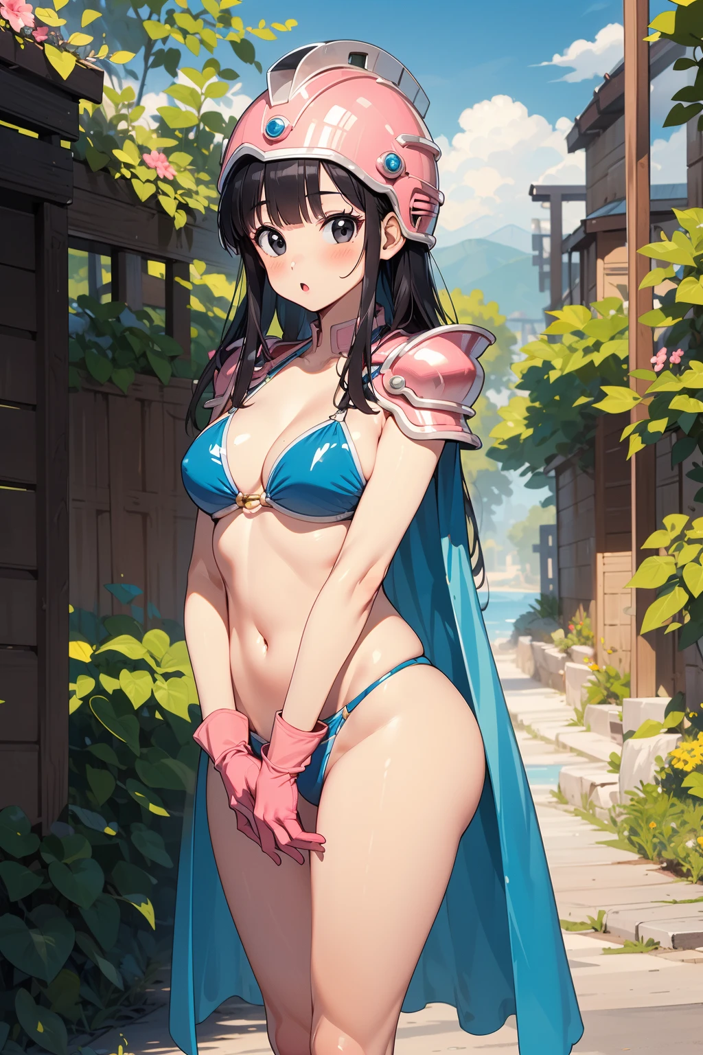 1girl, solo, BREAK outdoors, landscape, looking at viewer, (masterpiece:1.2), best quality, high resolution, unity 8k wallpaper, (illustration:0.8),(perfect hands, perfect anatomy), standing, blush, chichi, black hair, black eyes, blunt bangs, sidelocks, bikini armor, shoulder armor, pink gloves, navel, long hair, helmet, pink headwear, green cape, :o, leaning forwad, arms between legs, standing