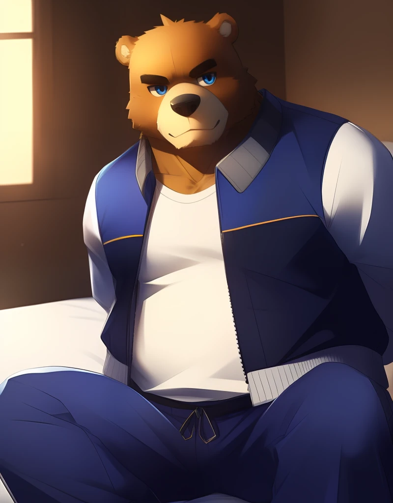 (((detailed eyes, detailed face))), (anthro, yasuyori <lora:yasuyori:0.8>, dog tail), male, (solo), (plump, belly, chubby, overweight), (male swimsuit <lora:bulge_swimsuit_cum_findigo_v3:1>, erection under swimsuit, erection, bulge <lora:pantybulge0409:0.7>), sitting, arms behind back, smile BREAK (by zackarry911, by zaush, by personalami:0.5), bedroom, light environment, 8k, UHD, masterpiece