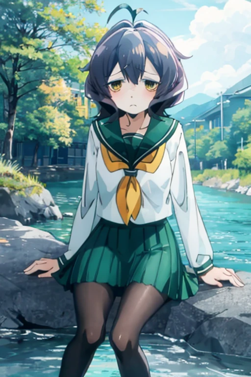 hiiragiutena, short hair, black hair, ahoge, yellow eyes, school uniform, serafuku, long sleeves, green skirt, long skirt, pantyhose, sad, sitting, forest, river <lora:hiiragi_utena-000003:1>