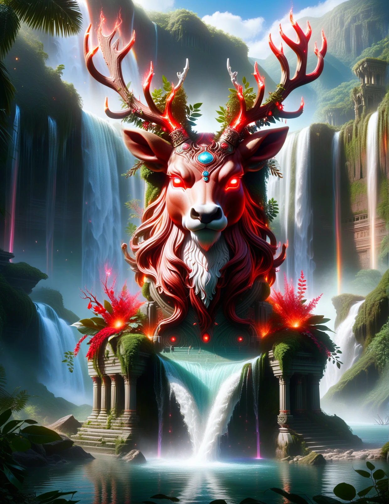 <lora:SDXLRageStyle:1>RageStyle lost city of Gonstinople, ruins, paradise, beautiful details, lush foliage, high quality, waterfall, oasis, magical,single giant crumbled statue head that looks like a Reindeer God,
