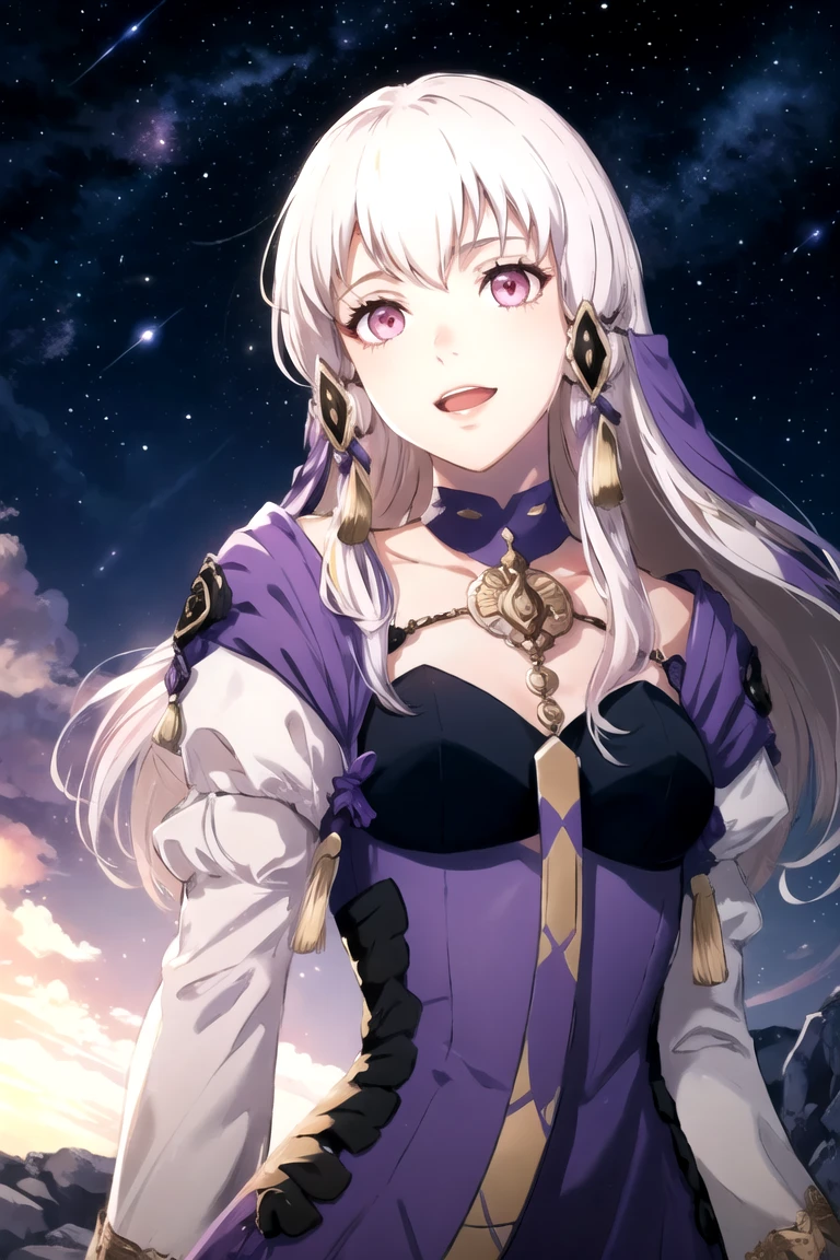 lysithea_war, smile, open mouth, hair ornament, long sleeves, pink eyes, upper body, purple dress, beautiful detailed night sky, glow white particles, warm light from below, 
 <lora:Lysithea_war:1>