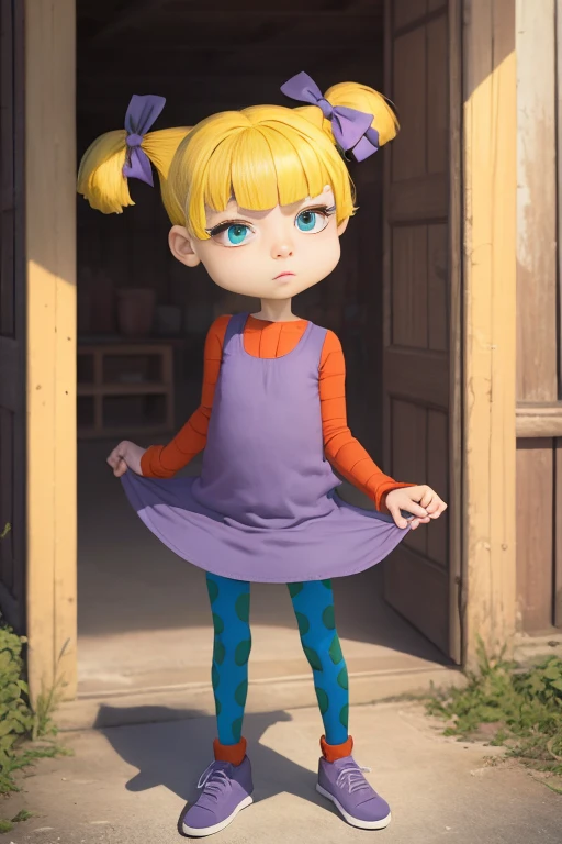 AngOne, masterpiece, best quality, detailed, HDR, 1girl, child, solo, solo focus, looking at viewer, looking at viewer, child, pout, arms crossed, bangs, blue eyes, pupils, blonde hair, pinafore dress, purple dress, orange long sleeves, bow, ((short twintails)), portrait, (blue and green polka dot leggings), purple footwear, park, sunlight <lora:AngOne512v1:0.70>