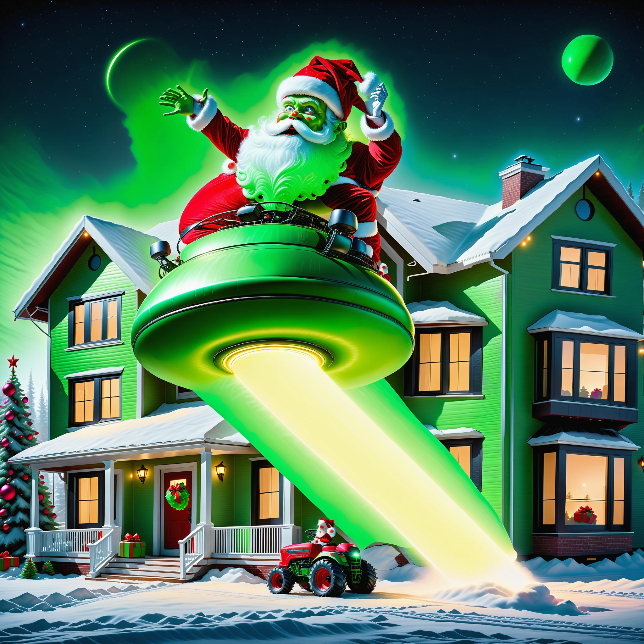 santasride is a ufo hovering over a house beaming presents and gifts with a tractor beam to the ground, alien santa with green skin, black eyes and slim body