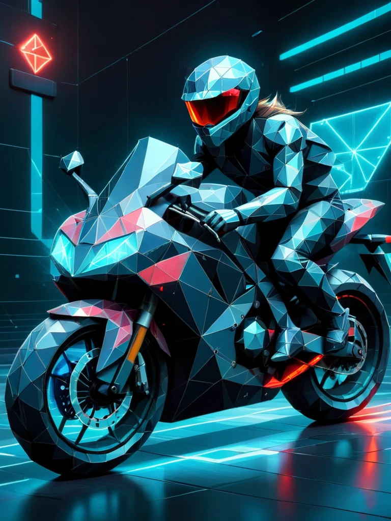 tron motorbike with neon taillight with long exposure photography made of ral-polygon <lora:ral-polygon-sdxl:1> on the surface of a videogame matrix made of ral-polygon