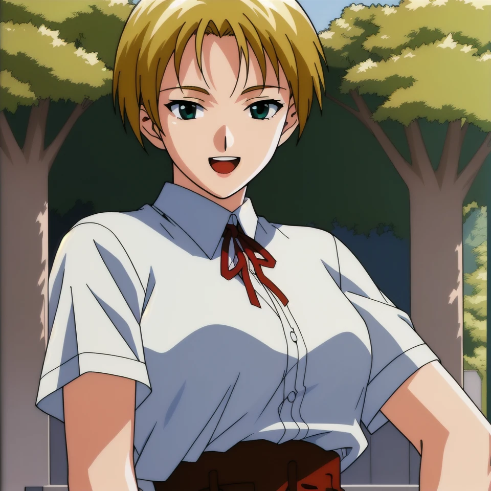 masterpiece, best quality, highres, official art, upper body, portrait, solo, shiny skin, blonde hair, smile, open mouth, school uniform, white shirt, short sleeves, red ribbon, nakamura masumi