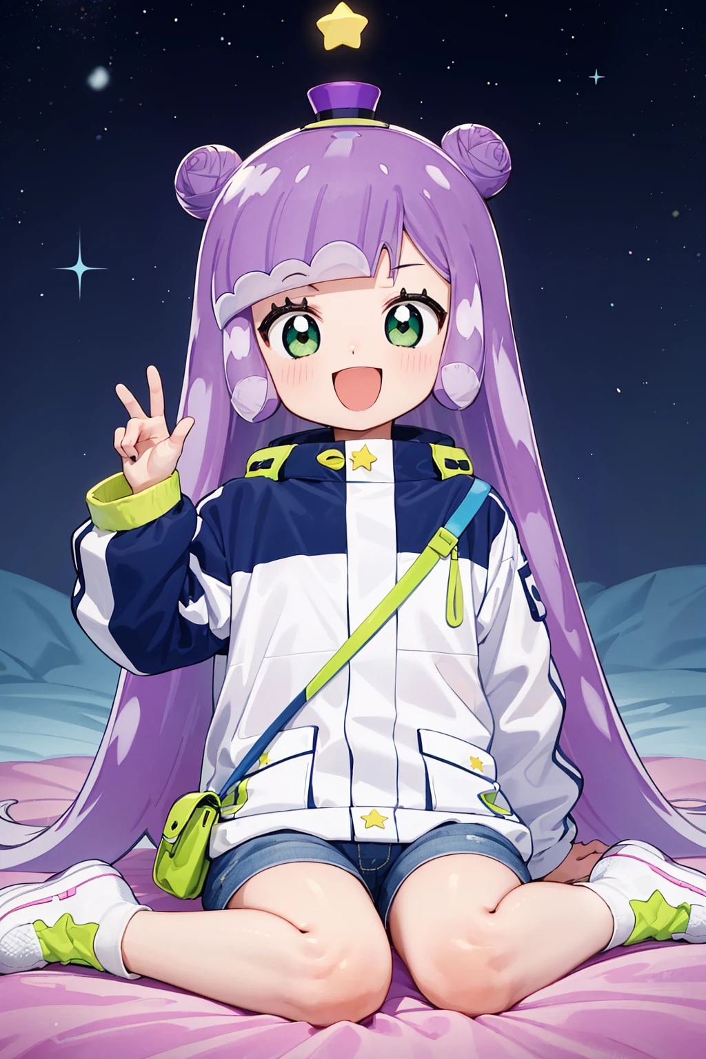 <lora:0 puniru:1>,puniru,petite,child,slime girl,light purple hair,long hair,grey gradient hair,multicolored hair,blunt bangs,double bun,blue hair,green eyes,star (symbol),mini top hat,jacket,shorts,sneakers,shoulder bag,1girl,solo,:d,looking_at_viewer,posing,sitting,