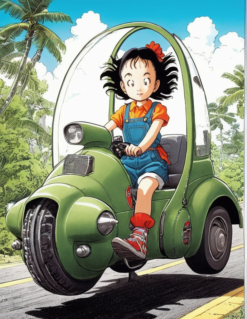 <lora:Akira_Toriyama_vehicle:1> walking macha, 1girl inside the cockpit, cute, manga, hand drawing, full colour, outdoor background, <lora:add-detail-xl:1.2>, super detailed, complex, akira toriyama style, vehicle design, AT-ST style