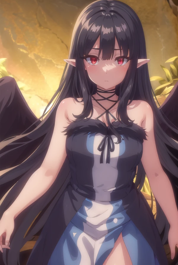 evereese, <lora:eve reese s1-lora-nochekaiser:1>,
eve reese, long hair, bangs, black hair, (red eyes:1.3), very long hair, pointy ears,
BREAK dress, bare shoulders, collarbone, wings, sleeveless, black dress, black ribbon, halterneck, bandages, feathered wings, black wings,
BREAK outdoors, forest, nature, trees, grass, sun, sky, clouds,
BREAK looking at viewer, (cowboy shot:1.5),
BREAK <lyco:GoodHands-beta2:1>, (masterpiece:1.2), best quality, high resolution, unity 8k wallpaper, (illustration:0.8), (beautiful detailed eyes:1.6), extremely detailed face, perfect lighting, extremely detailed CG, (perfect hands, perfect anatomy),