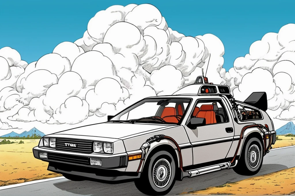 <lora:Akira_Toriyama_vehicle:1> delorean car from movie back to the future, flying in the sky, manga, hand drawing, full colour, sky cloud background, <lora:add-detail-xl:1.2>, detailed, complex, akira toriyama style, vehicle design, cute