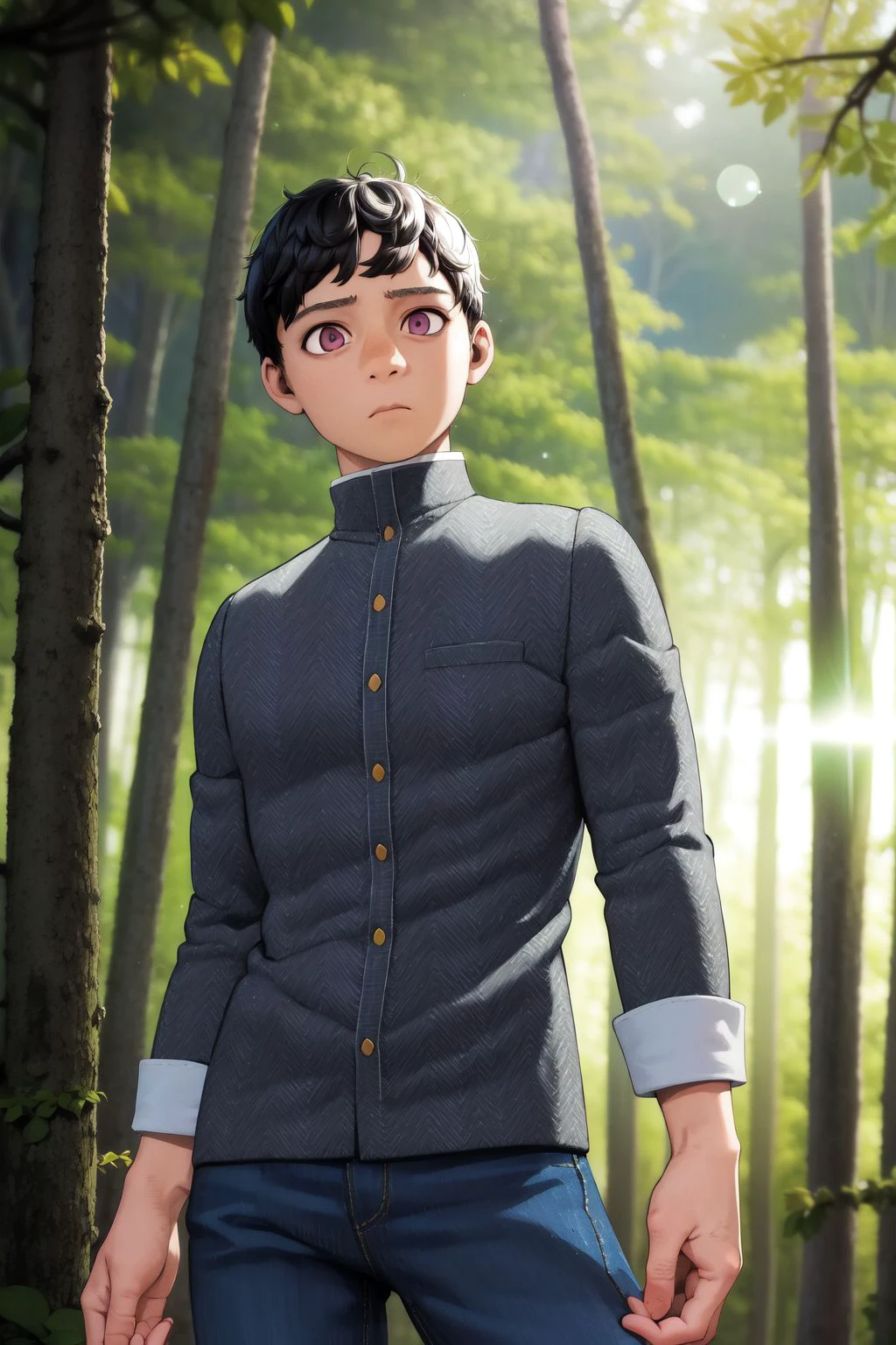 solo, 1boy, male, upset, dark grey hair, pink eyes, light purple jeans, side-swept fringe, lens flare, boreal forest, detailed background, surreal, <lora:Kui_Ryouko_style_v03.15.15.01:1>