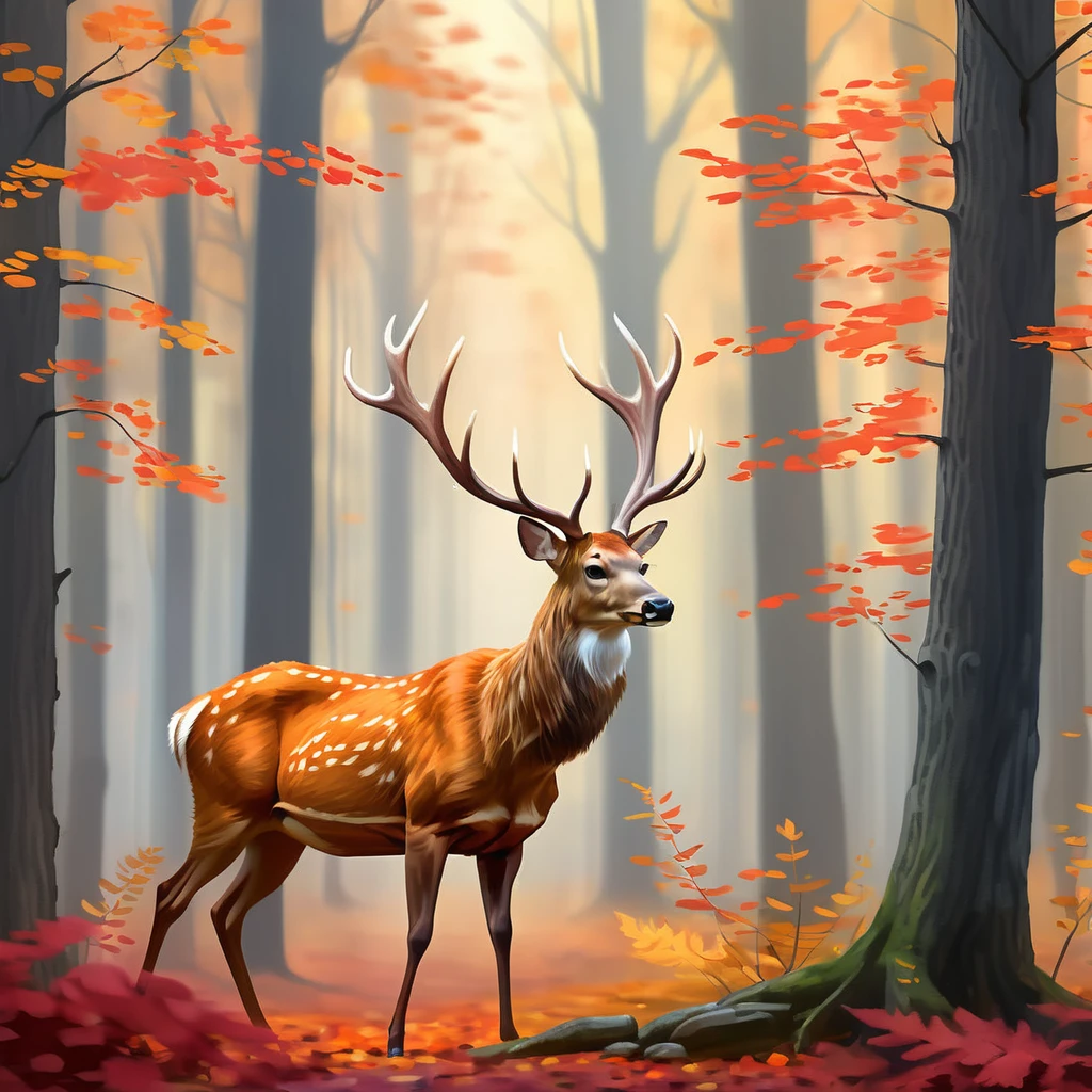 Vibrant Autumn Forest with a Hidden Deer: An autumn forest, its trees ablaze with red, orange, and yellow leaves. A gentle fog adds a mystical quality to the scene. Tucked away in the foliage, (a majestic deer with impressive antlers stands silently:1.45), blending seamlessly with the vibrant colors of the forest, embodying the spirit of the wild.
