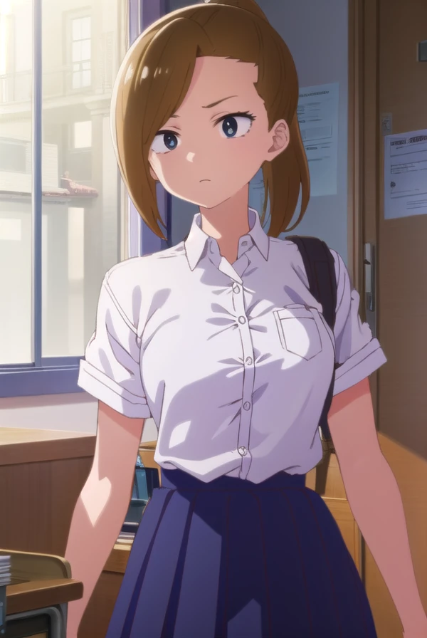 serinayoshida, <lora:serina yoshida s1-lora-nochekaiser:1>,
serina yoshida, brown hair, ponytail, (black eyes:1.5),
BREAK skirt, shirt, school uniform, white shirt, short sleeves, pleated skirt, collared shirt, blue skirt,
BREAK indoors, classroom,
BREAK looking at viewer, (cowboy shot:1.5),
BREAK <lyco:GoodHands-beta2:1>, (masterpiece:1.2), best quality, high resolution, unity 8k wallpaper, (illustration:0.8), (beautiful detailed eyes:1.6), extremely detailed face, perfect lighting, extremely detailed CG, (perfect hands, perfect anatomy),