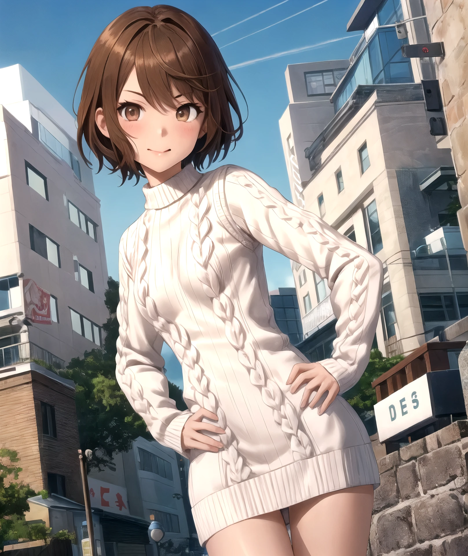 1girl, (shapely body), (solo), <lora:Saiai Kinuhata_L:0.7>, hdr, saiai kinuhata, solo, short hair, brown hair, brown eyes, jewelry, tongue out, sweater, hand on hip, v, white sweater, sweater dress, ;q