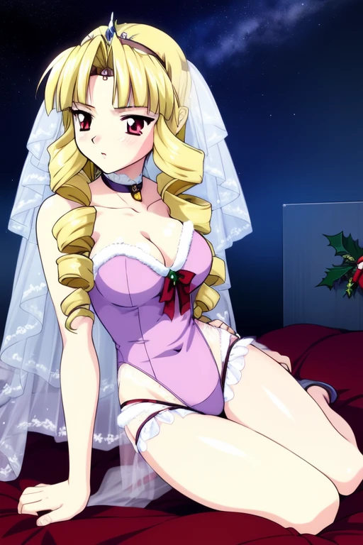 <lora:Sapphire:0.8>Sapphire, blonde_hair,  red_eyes, long_hair, drill_hair, choker, veil, tiara,
 city, choker, veil, tiara, large_breasts, cleavage, night,
Christmas, SantaClaus, hat, night, starry sky, sitting,
masterpiece, high quality, very_high_resolution, large_filesize, full color,
1990s \(style\), anime, anime_screencap, animated gif, mp4 ,video, animated,