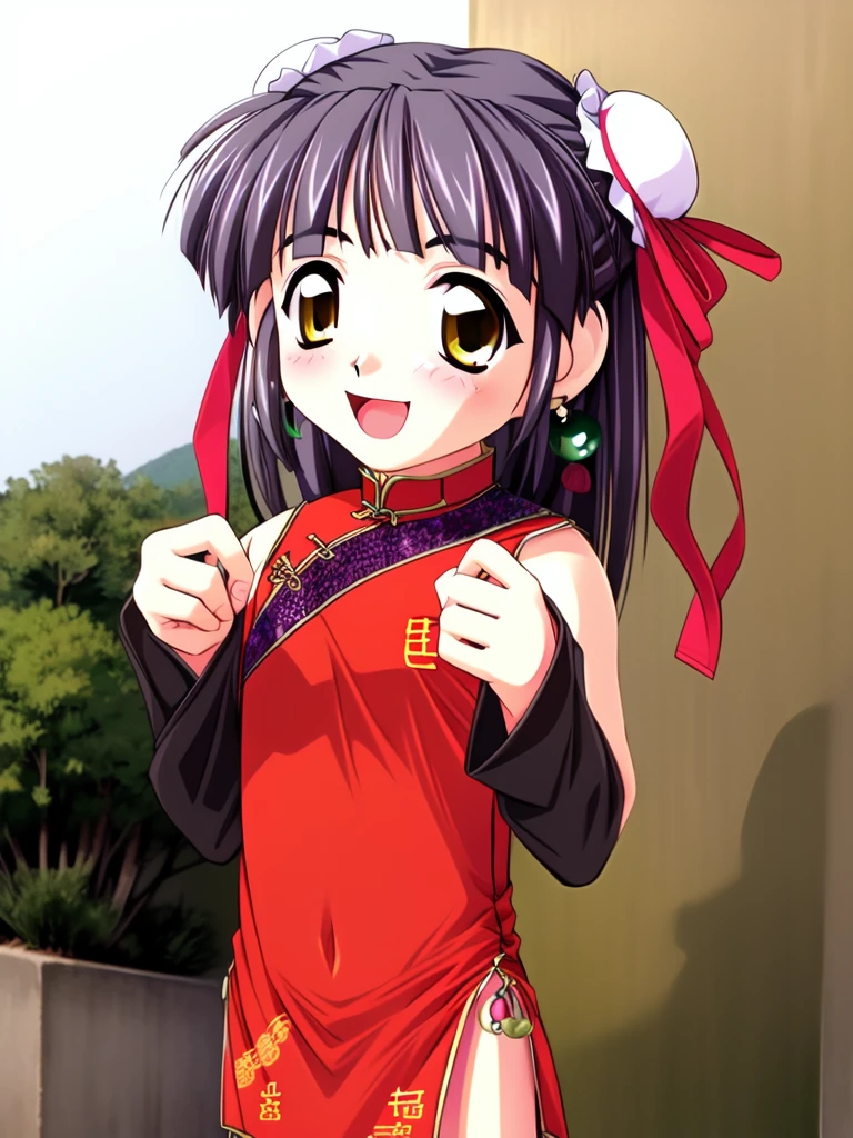 <lora:Kounyan:0.8> Kounyan, 1girl, solo, dress, chinese clothes, smile, china dress, open mouth, detached sleeves, cowboy shot, looking at viewer,
child, chibi, China town,