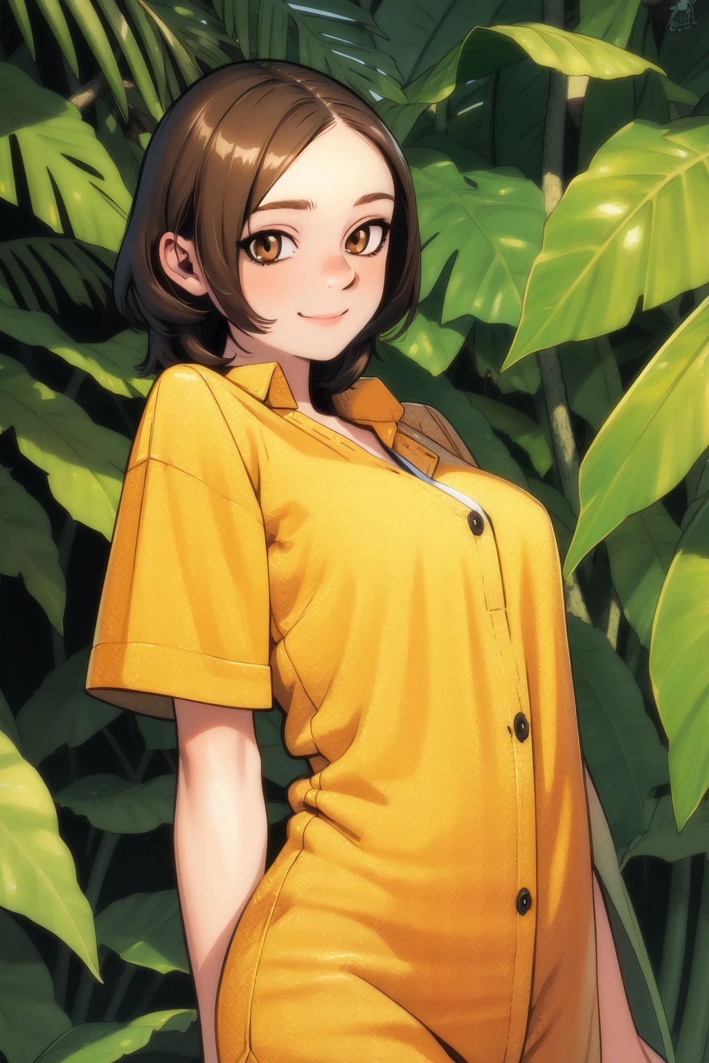solo, 1girl, smile, brown hair, light brown eyes, golden workwear, sidelighting, tropical jungle, detailed background, surreal, <lora:Kui_Ryouko_style_v03.15.15.01:1>