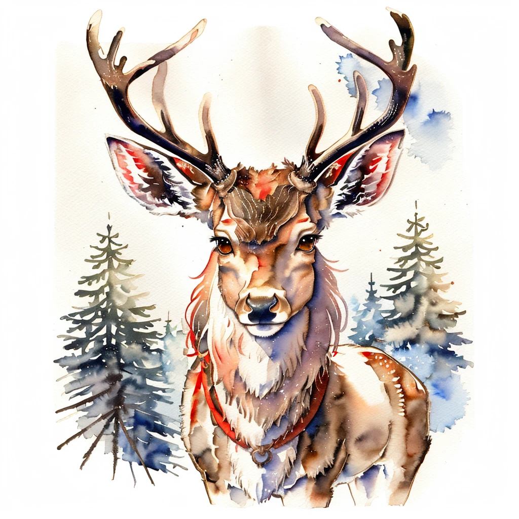 RagingReindeerSplash, solo, looking at viewer, black eyes, no humans, animal, traditional media, painting (medium), antlers, watercolor (medium), animal focus, deer, reindeer