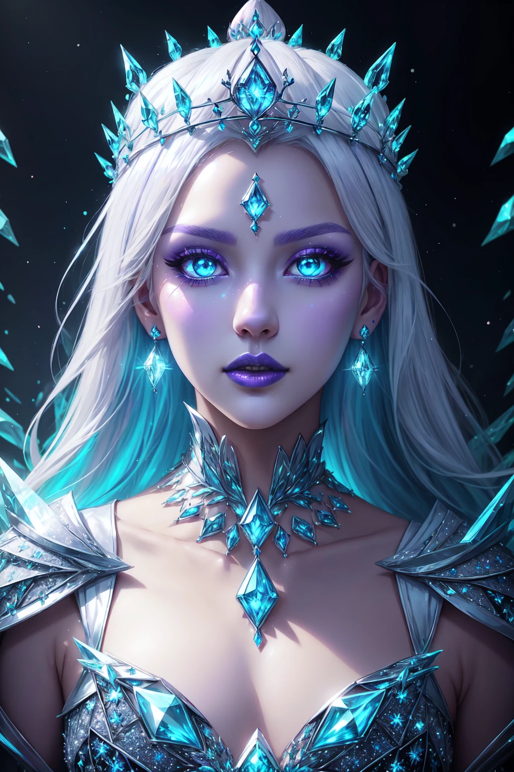 FrostedEpochElves, 1girl, solo, long hair, looking at viewer, blue eyes, jewelry, closed mouth, blue hair, upper body, white hair, earrings, makeup, glowing, tiara, crown, lipstick, gem, portrait, glowing eyes, ice, blue theme, crystal, purple lips <lora:FrostedElves:0.65>