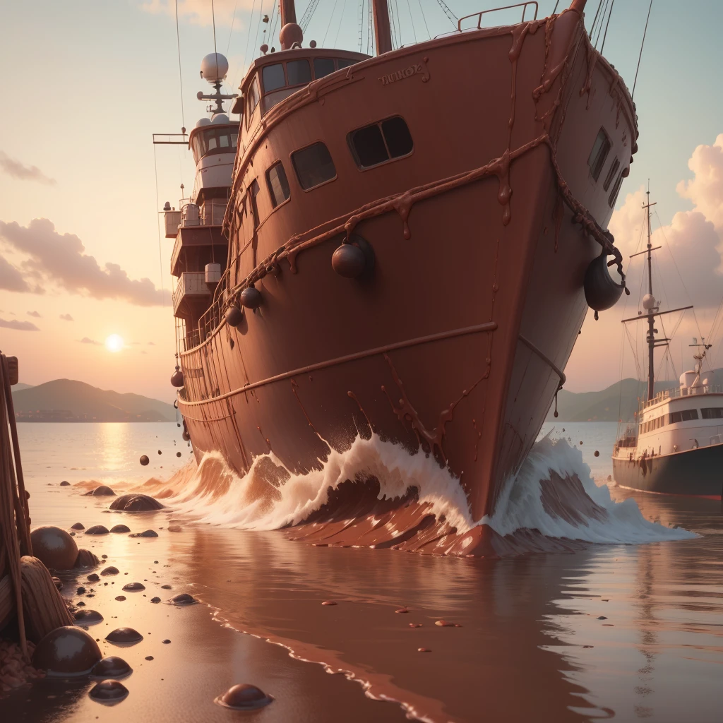 <lora:ChocolateWetStyle:0.7>ChocolateWetStyle a wooden fishing trawler anchored in a harbor, (Masterpiece:1.3) (best quality:1.2) (high quality:1.1)