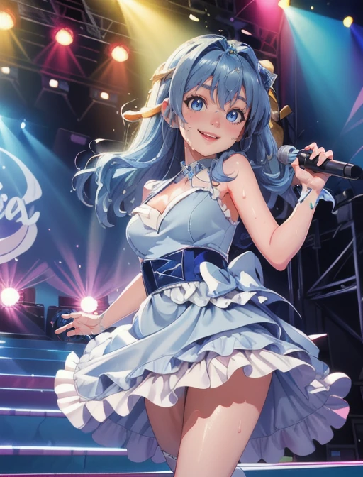 best quality, masterpiece, highres, detailed, digital artwork, <lora:Detail - add_detail:0.2>, CoralVG,  <lora:Character - CoralVG-6:0.8>, blue hair, blue eyes, blue dress, stage, idol clothes, concert, stage lights, sweat, smile, happy,