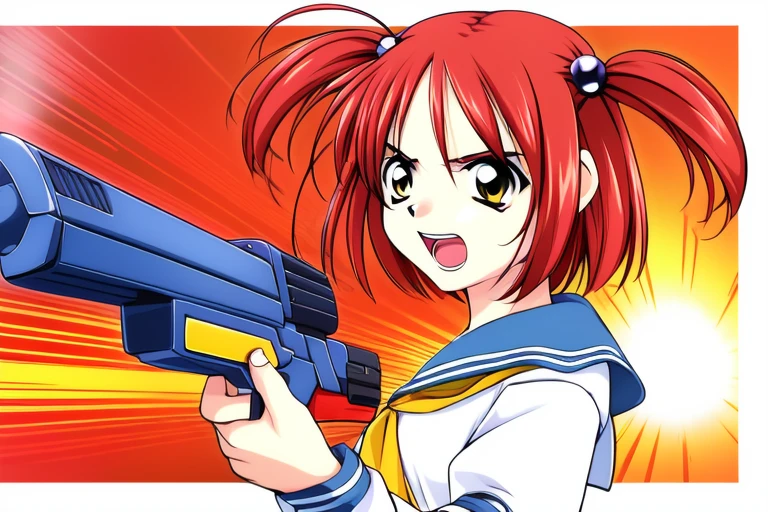 <lora:Megumi:1> Megumi, red hair, two side up, short hair, hair ornament, hair bobbles, 1girl, solo, firing, weapon, school uniform, parody, gun, serafuku, yellow eyes, open mouth