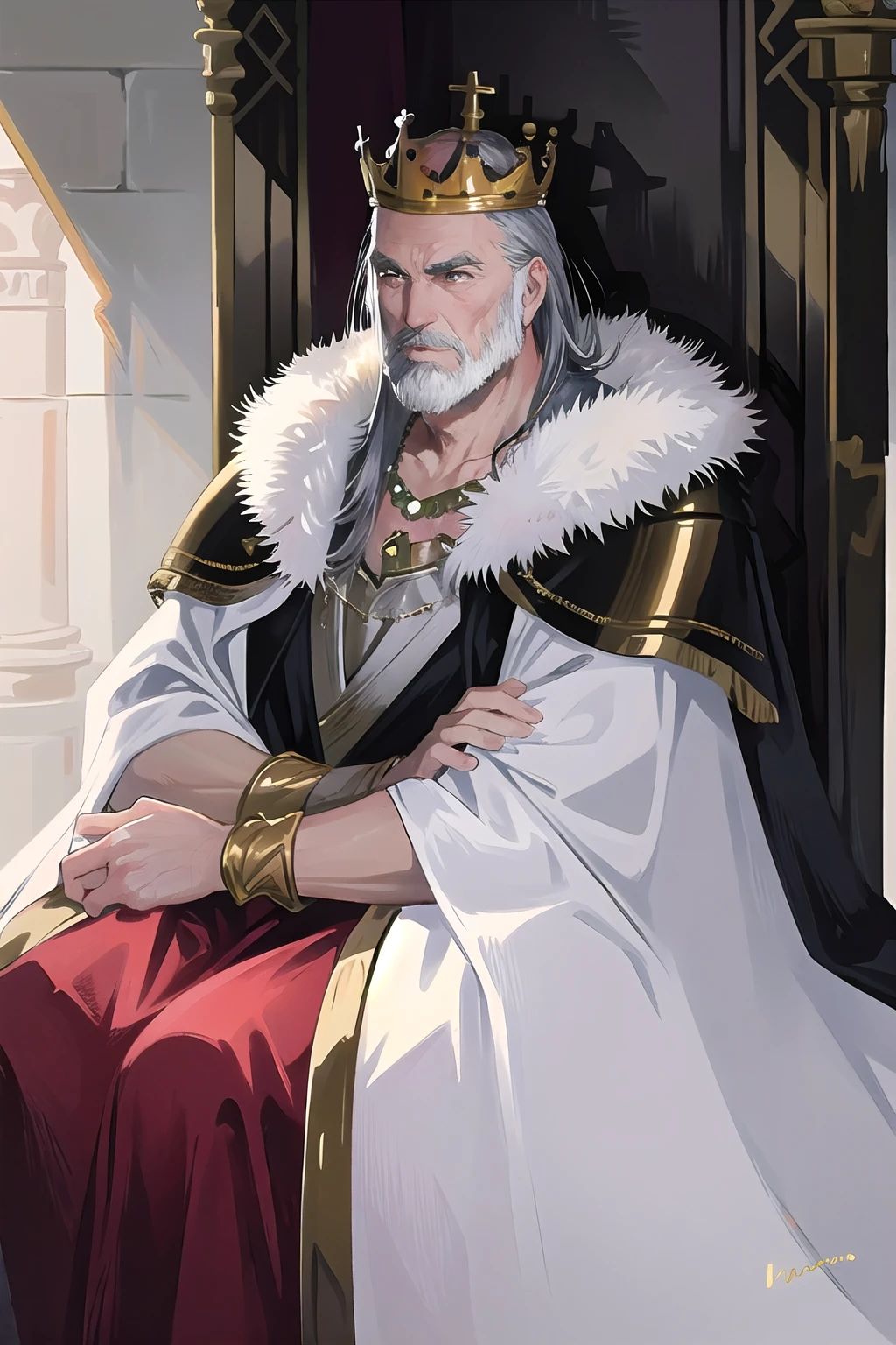 solo,mature male, jewelry, gold necklace, gold bracelets, king, sitting,1boy, old man, beard, grey hair, fat, armour, fur-trimmed cape, (cute lips:1.2), <lora:I_am_the_king:1>, royalpresence, (crown:1.1), crossed arms, golden throne, sitting,