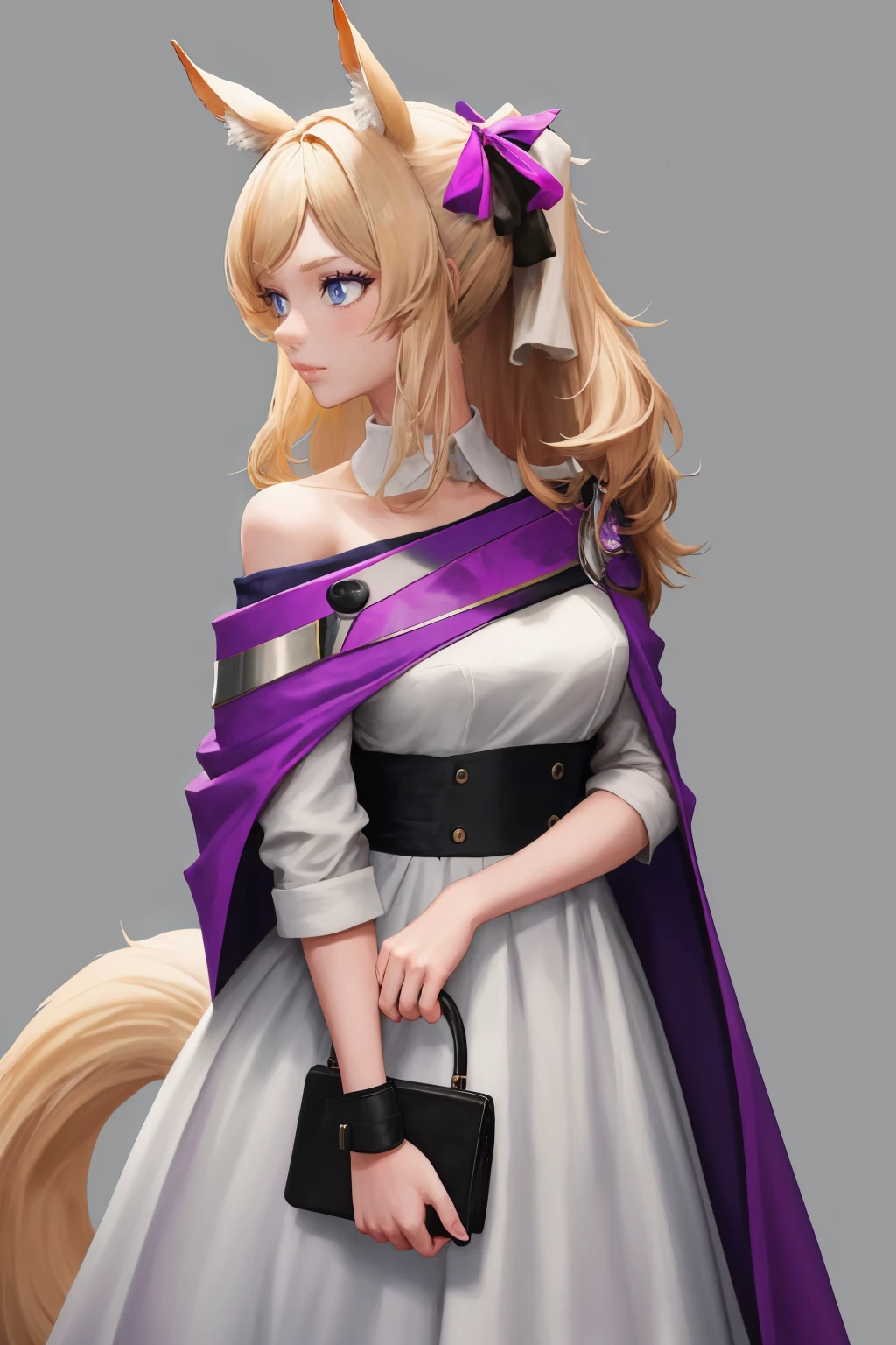 masterpiece, best quality, 1girl, solo, <lora:wishlash-ak-richy-v1:1> whislashglory, ponytail, hairbow, hairclip, purple cape, off shoulder, white dress, horse tail,