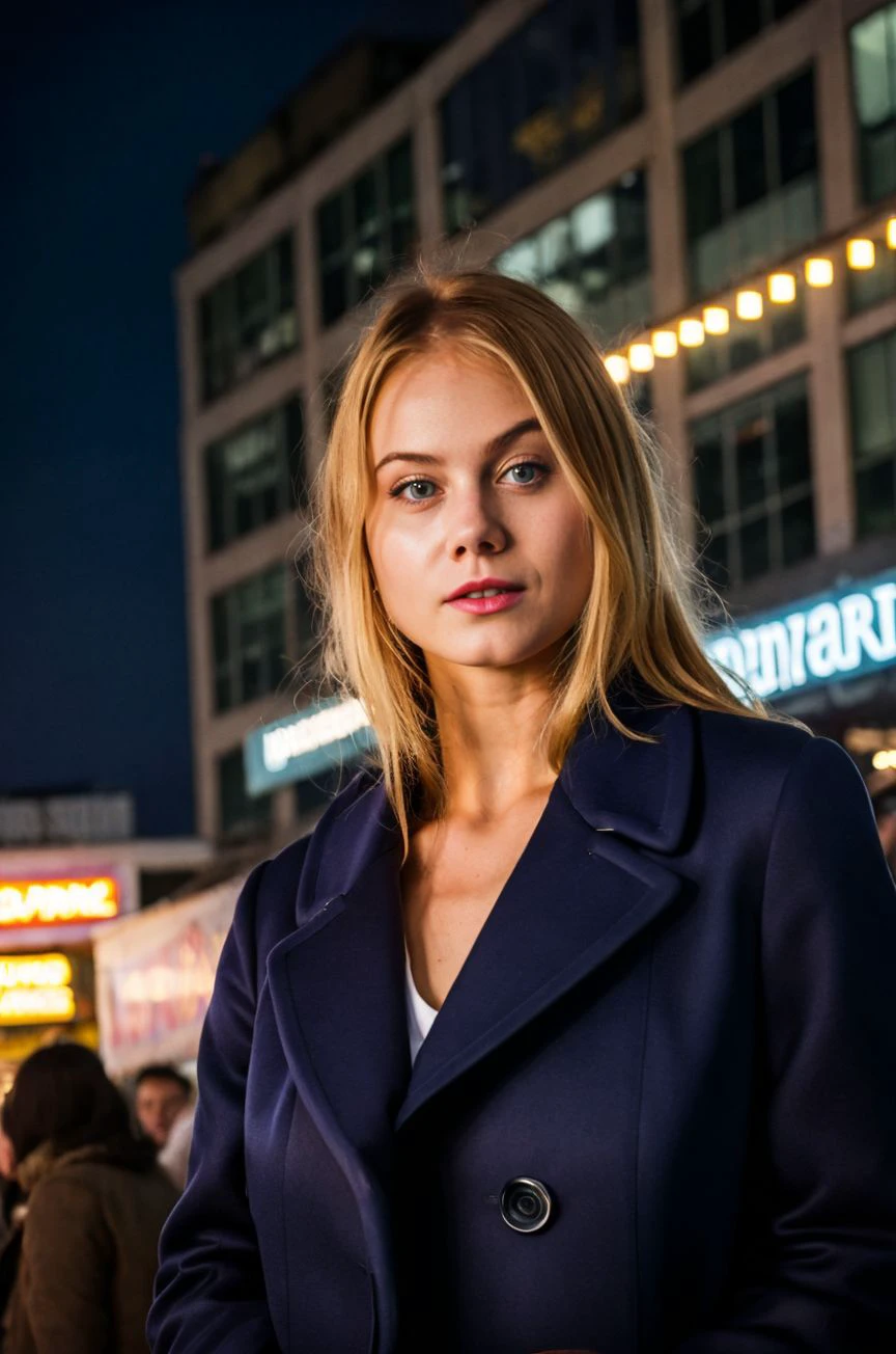 A full color portrait of a  28 year old woman,wearing  a navy blue coat, crowded night market, exploring stalls, , epic character composition,by ilya kuvshinov, alessio albi, nina masic,sharp focus, subsurface scattering, f2, 35mm, film grain, blonde  <lora:NancyAce:1>