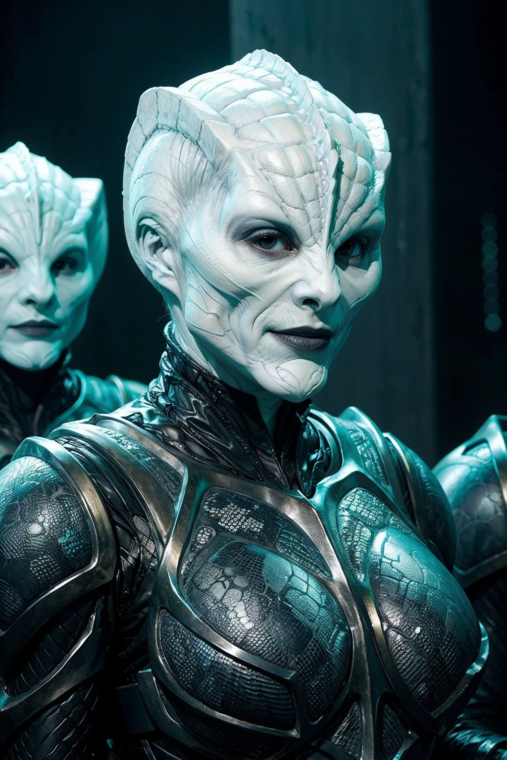 krill, woman, bald, white skin, scales, alien, black armor, scifi starship background, looking at viewer, smile, <lora:race_orville_krill:0.65>