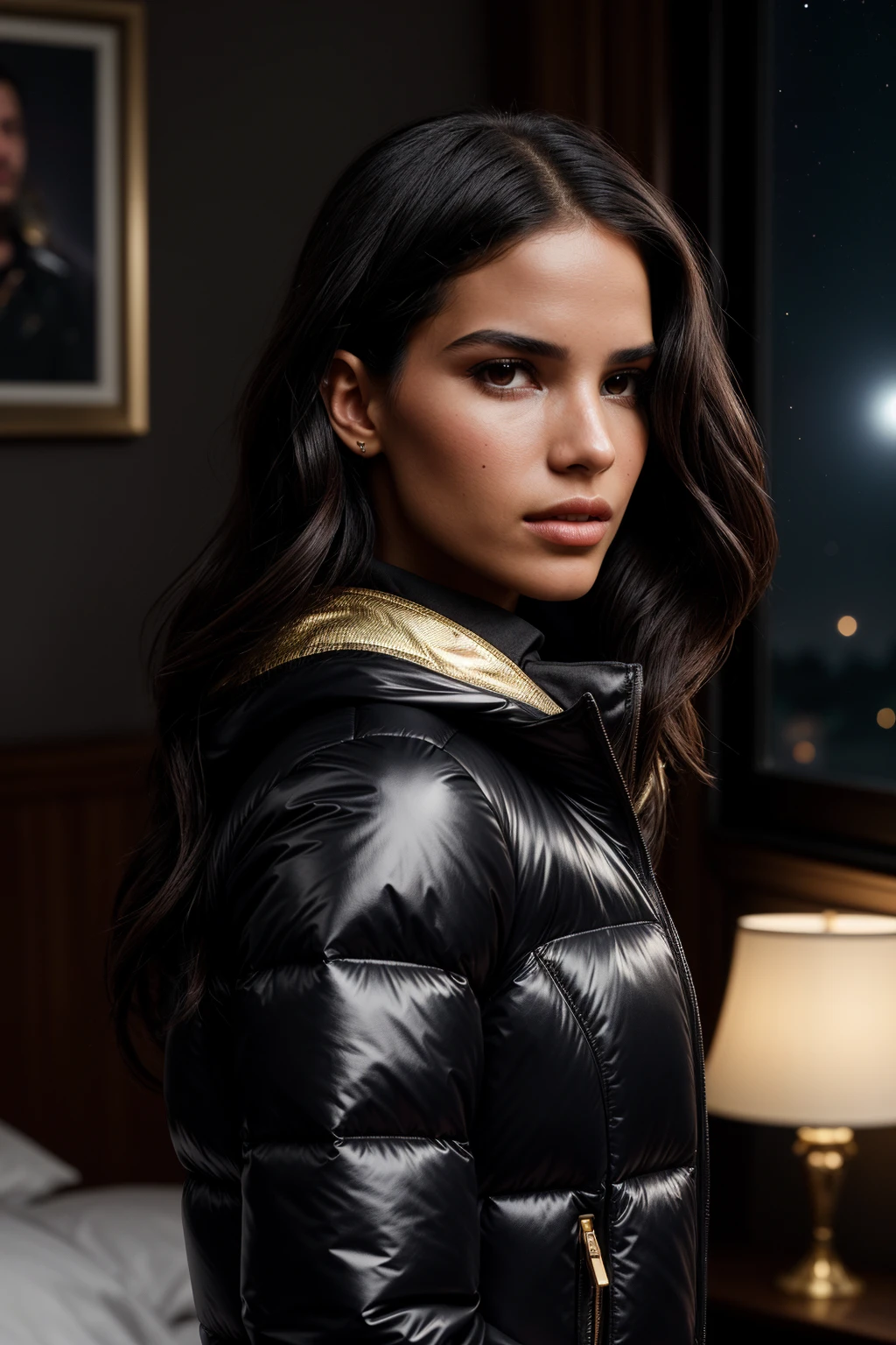 perfect cinematic shoot of a beautiful woman (EPR41c40l1v31r4:.99), a woman standing at a bedroom, bed, nightstand, perfect hair, wearing sexy Gold (Puffer jacket), (meteor showers in background:1.2), (detailed background:1.1), (face focus), modelshoot style, (extremely detailed CG unity 8k wallpaper), professional majestic (photography by Roberto Ferri:1.1), 24mm, exposure blend, hdr, extremely intricate, High (Detail:1.1), dramatic, soft cinematic light, (looking at viewer), (detailed pupils),8k, highly detailed, rich environment, 4k textures, soft cinematic light, elegant, ((((cinematic look)))), soothing tones, insane details, hyperdetailed, ("Descifra el arte del juego con JernauGurgeh!":1.1),(epiCPhoto)