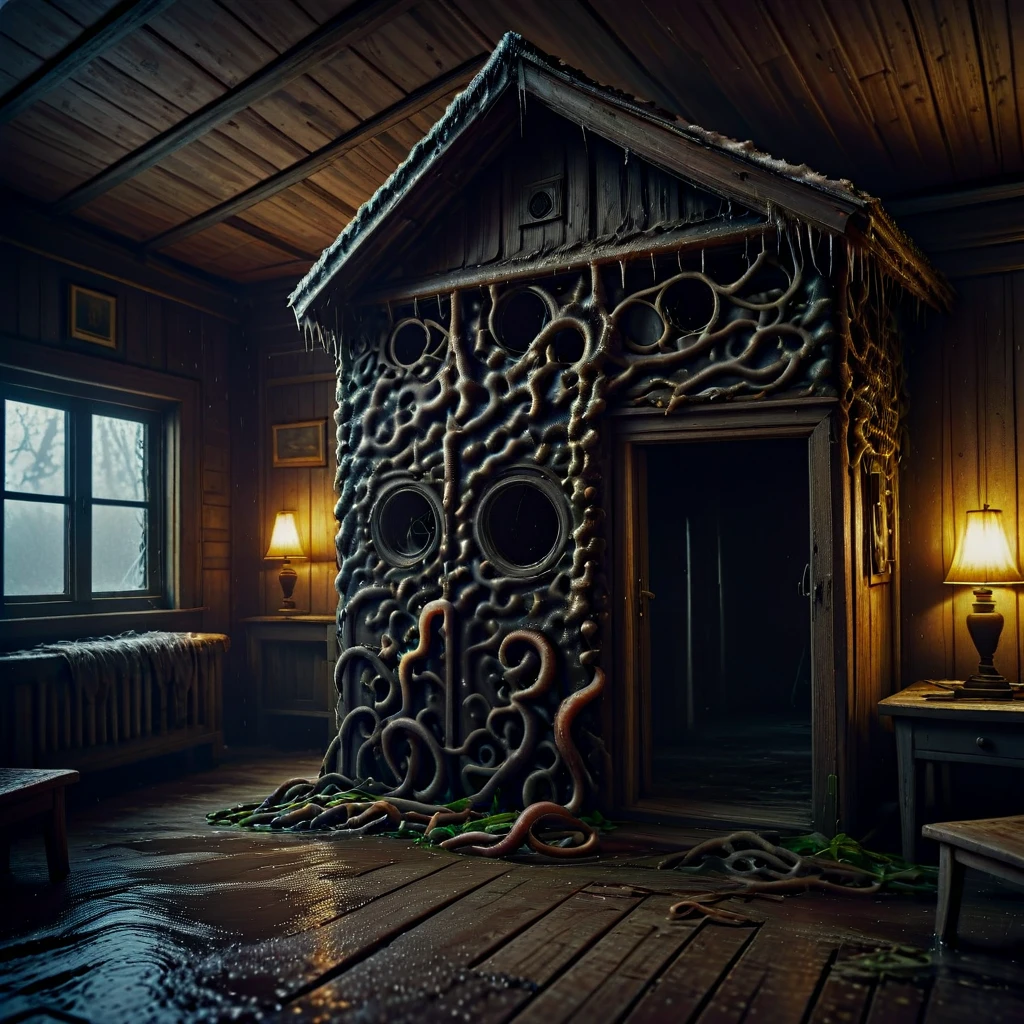 Survivors trying to outlast a harsh winter in an abandoned cabin, beautiful, wet, damp, (tentacles:0.5)