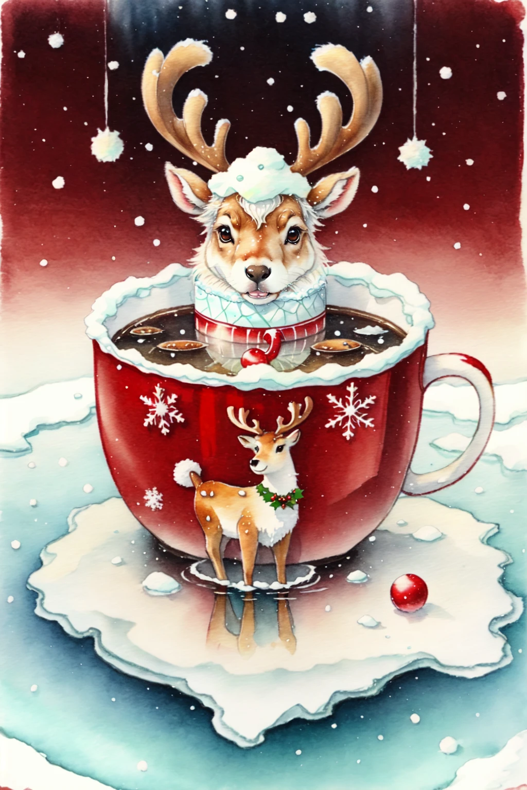 <lora:ChristmasFood:0.8> ChristmasFood, Reindeer in a soup mug, partially submerged, ice, frost, reflection, snow, traditional media, red theme