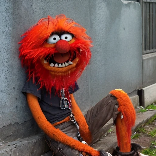 ((( a very sad man leaning on a wall))) <lora:TheAnimalLoRA:0.8> theanimal, red hair, spiky teeth, bushy eyebrows, red full beard, collar with spikes, wristband with chains,  <lora:face emotion_happy_slider_v1:-3>