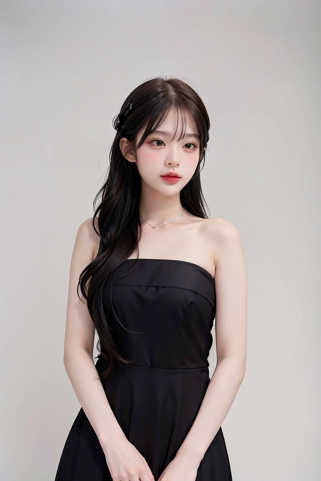 1girl, black formal long dress,white background, <lora:mobye_exBNK48-04:1>