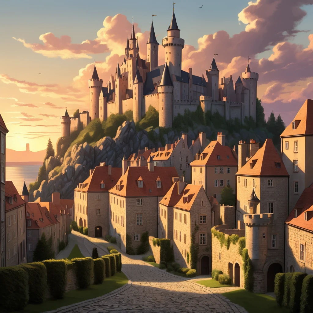 Ancient City at Twilight: An ancient city basked in the soft glow of twilight. The skyline is punctuated by (an imposing, yet elegant castle:1.45), its towers reaching towards the sky, bathed in the last rays of the sun. Cobblestone streets wind through the city, lined with old, charming houses, their windows twinkling with warm light, inviting a sense of historical wonder.