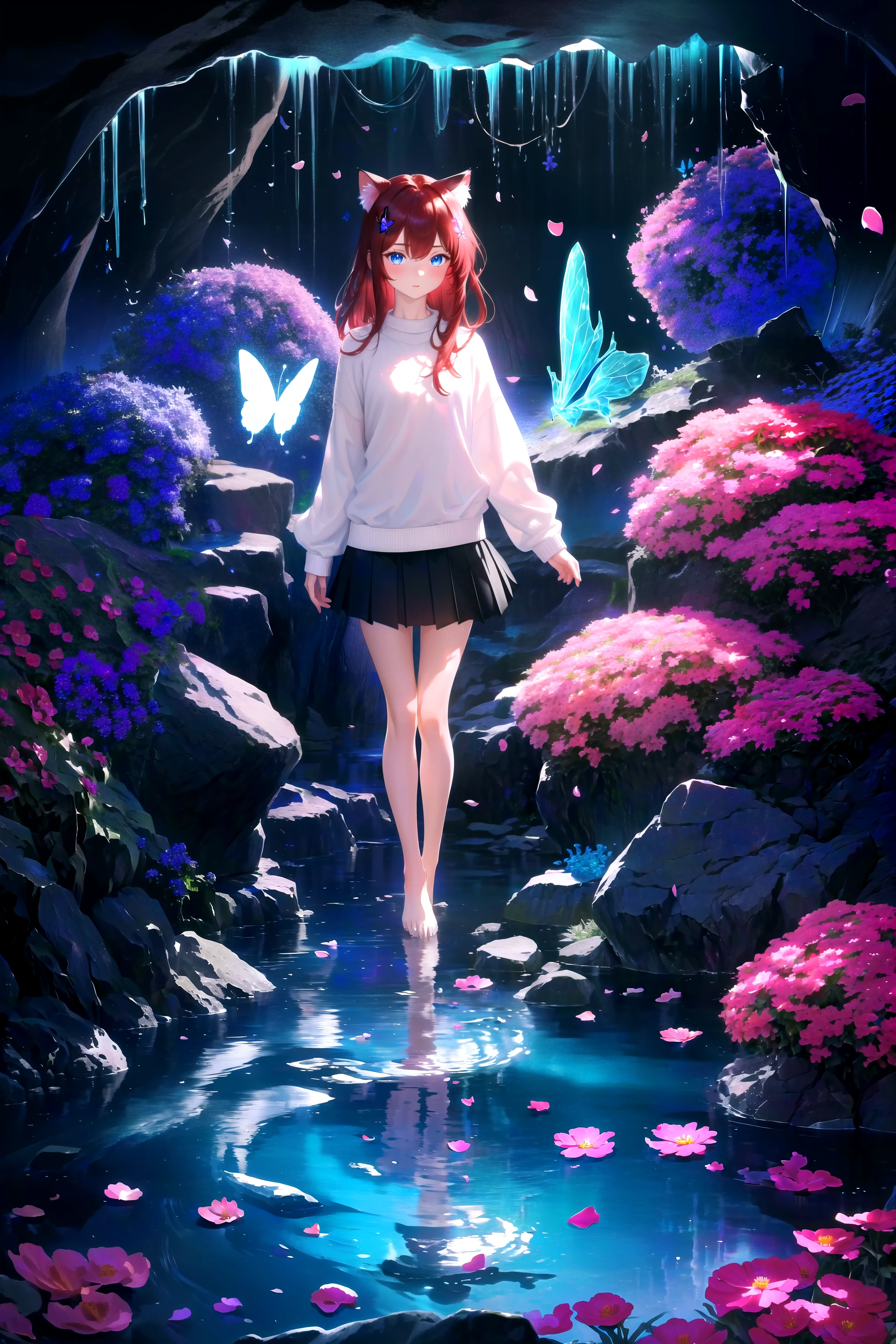 (masterpiece, best quality, highres), 1girl, raifu, solo, abstract, far shot, full body,
BREAK
dark background, depth of field, rim lighting, flowers, petals,
crystals, cave, butterfly, vegetation, aura, magic, water,
BREAK
dark red hair, blue eyes, straight hair, cat ears, blush,
(medium breasts:0.8), mature female, white sweater,