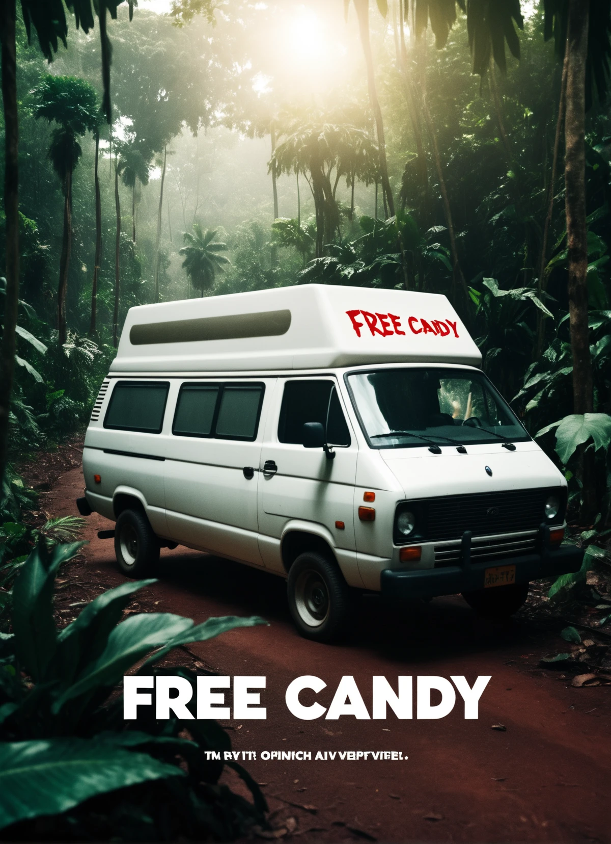cinematic photo of a white van in the jungle with text: "free candy"