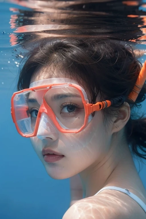 swimming,(insanely detailed, beautiful detailed face,beautiful detailed eyes, masterpiece, best quality),large breasts,<lora:snorkel:0.8>,snorkel,wearing snorkel, underwater