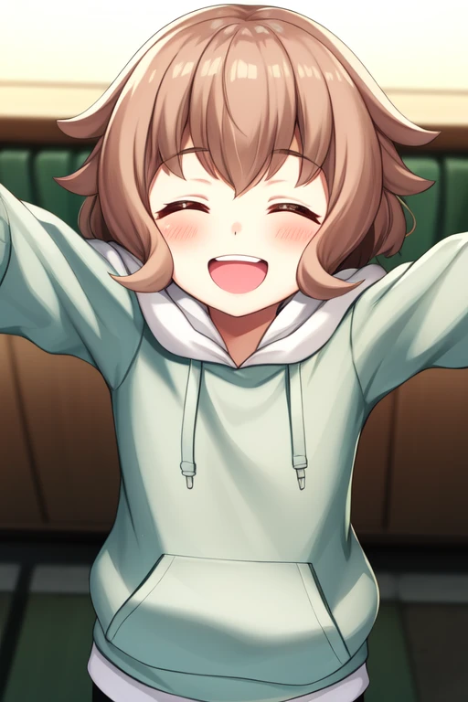 atramixta, 1girl, closed eyes, smile, open mouth, upper teeth only, happy, blush, hoodie, solo, outstretched arms