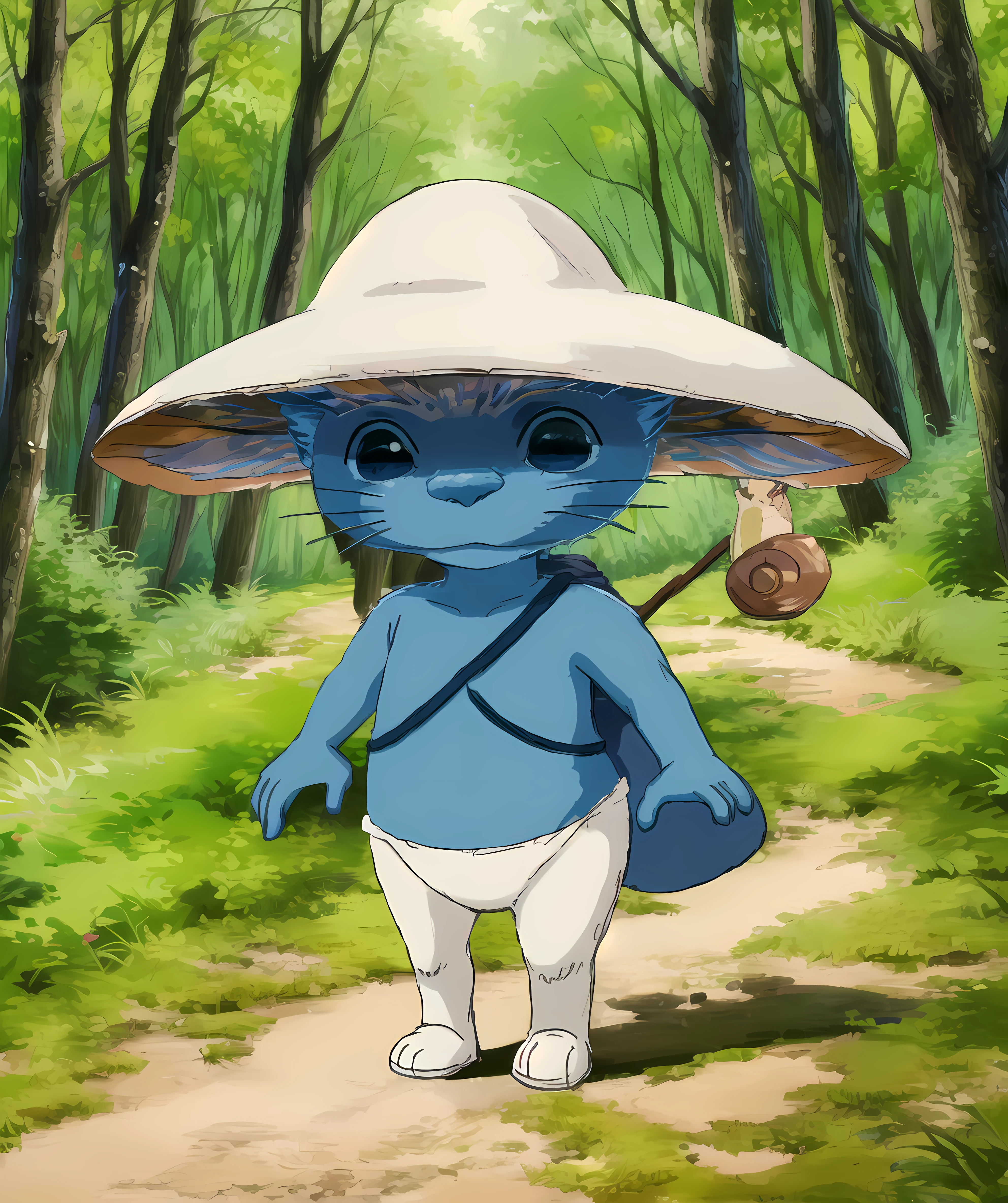 best_quality, masterpiece, blue_smurf_cat, forest, hat  <lora:Blue_Smurf_Cat-15:0.8>  <lora:ghibli_style_offset:1>